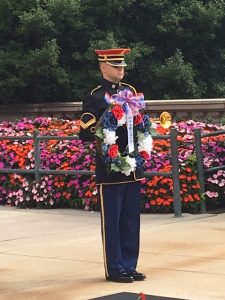 Guard at the Tomb of the Unknown Solider holds the wreath presented by the Seabrook Pathfinders. 